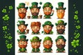 Many Leprechauns in green suit with red beard on a white background. Funny main character of Irish festivity. Saint Patrick day,