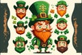 Many Leprechauns in green suit with red beard on a white background. Funny main character of Irish festivity. Saint Patrick day,