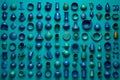 Many little blue objects arranged neatly in rows, collection of weird little funny objects, generative AI Royalty Free Stock Photo