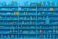 Many little blue objects arranged neatly in rows on shelves, collection of weird little funny objects, generative AI Royalty Free Stock Photo