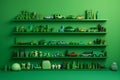 Many little green objects arranged neatly in rows on shelves, collection of weird little funny objects, generative AI Royalty Free Stock Photo