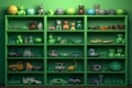 Many little green objects arranged neatly in rows on shelves, collection of weird little funny objects, generative AI Royalty Free Stock Photo