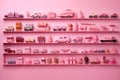 Many little pink objects arranged neatly in rows on shelves, collection of weird little funny objects, generative AI Royalty Free Stock Photo