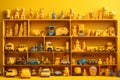 Many little yellow objects arranged neatly in rows on shelves, collection of weird little funny objects, generative AI Royalty Free Stock Photo