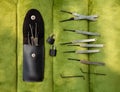 Many lock picking tools in a case, tension wrenches and 2 little padlocks flat lay Royalty Free Stock Photo