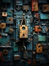 many locks and padlocks hanging on a door