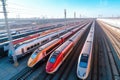 many long high-speed trains stand on the platform of the railway station, top view