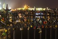 Many Love locks on the fence, heart padlock on the Charles Bridge in Prague's Hradcany blured background Royalty Free Stock Photo