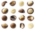 Many macadamia nuts isolated on white, collage Royalty Free Stock Photo
