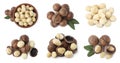 Many macadamia nuts isolated on white, collage Royalty Free Stock Photo