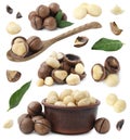 Many macadamia nuts isolated on white, collage Royalty Free Stock Photo
