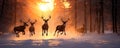 Many magical deer running in the snowy winter forest in a clearing among the trees in the sunset.