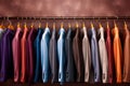 Many man luxury formal dress coats of different colors clothes hanging from a rack holder illustration generative ai Royalty Free Stock Photo