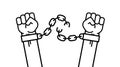 Many a man s fist, broken chains, shackles. Vector Isolated line illustration human hands raised up, art concept of Royalty Free Stock Photo