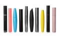 Many mascaras for eyelashes on white background. Makeup product