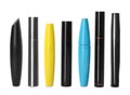 Many mascaras for eyelashes on white background. Makeup product