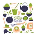 Many matcha tea products. Matcha powder, mochi, macarons, tea pot, bamboo spoon, tea leaves ets. Hand drawn flat vector