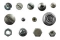 Many metal heads of screws, nuts, rivets Royalty Free Stock Photo