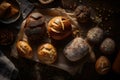 Many mixed breads and rolls shot from above. Neural network AI generated