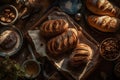 Many mixed breads and rolls shot from above. Neural network AI generated