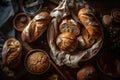 Many mixed breads and rolls shot from above. Neural network AI generated