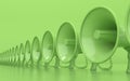 Many monochrome green megaphones stand in a row. Loudspeakers on a green background. Conceptual illustration with copy space. 3D