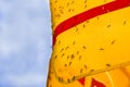 Many mosquitos on yellow and red striped awning with steel structure, blue sky and white cloud background Royalty Free Stock Photo