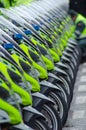 many motorcycles lined up by the Guardia Civil de Trafico, traffic police. Spain Royalty Free Stock Photo