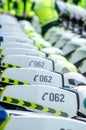 selective focus, many motorcycles lined up by the Guardia Civil de Trafico (traffic police). Spain Royalty Free Stock Photo