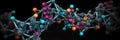 Many multi-colored molecules on a dark background. Abstract structure for science or medicine. banner Royalty Free Stock Photo
