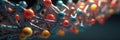 Many multi-colored molecules on a dark background. Abstract structure for science or medicine. banner Royalty Free Stock Photo