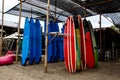 Many multi-colored surfboards in a row Royalty Free Stock Photo