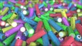 Many multicolor lithium-ion batteries, close-up. 3D rendering