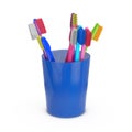 Many Multicolor Plastic Toothbrushes in Blue Plastic Glass. 3d Rendering