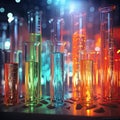 Many multicolor test tubes with liquid, science laboratory test tubes, lab equipment for research new medical