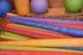Many multicolored colorful red orange yellow paraffin stick candles arranged on shelves Royalty Free Stock Photo