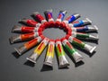 Many multicolored tubes with watercolors Rainbow colour