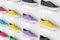 Many Multicolour Sneakers Footwear Exhibition on Shelf for Sale in Fashion Shop. 3d Rendering