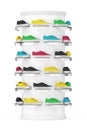 Many Multicolour Sneakers Footwear Exhibition on Shelf for Sale in Fashion Shop. 3d Rendering