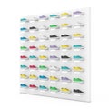 Many Multicolour Sneakers Footwear Exhibition on Shelf for Sale in Fashion Shop. 3d Rendering