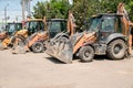 Many multifunctional compact front loaders with hydraulic excavator.Iasi,Romania 3 June 2023 Royalty Free Stock Photo