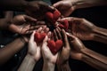 many multiracial hands holding a red heart, unity, love, Generative AI