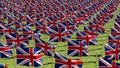 Many national flags of the United Kingdom in green field. Royalty Free Stock Photo