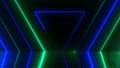 Many neon triangles in space, abstract computer generated backdrop, 3D render