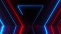 Many neon triangles in space, abstract computer generated backdrop, 3D render
