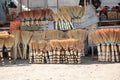 Many brooms in the bazaar are on sale in Ukraine in the city of Dnipro