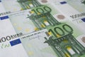 Many new 100 Euro banknotes are neatly arranged in rows Royalty Free Stock Photo