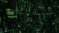 Many numbers and codes in matrix. Animation. Space inside matrix with lots of code and numbers flying on green