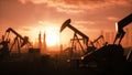 Many oil pumps at sunset. 3d illustration