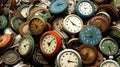 Many old alarm clocks in a flea market. Toned. Generative AI Royalty Free Stock Photo